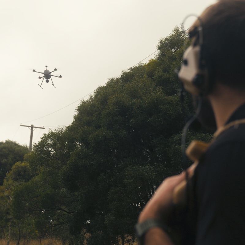 An operator watching a quadcopter hold above the treeline.