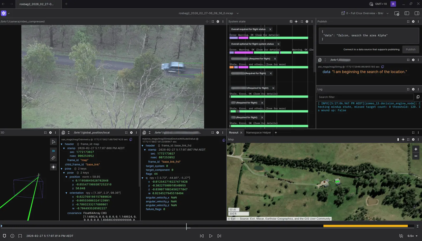 Breaker's Foxglove console captured mid-flight, with the camera feed, system state, voice command, logs and map running together.