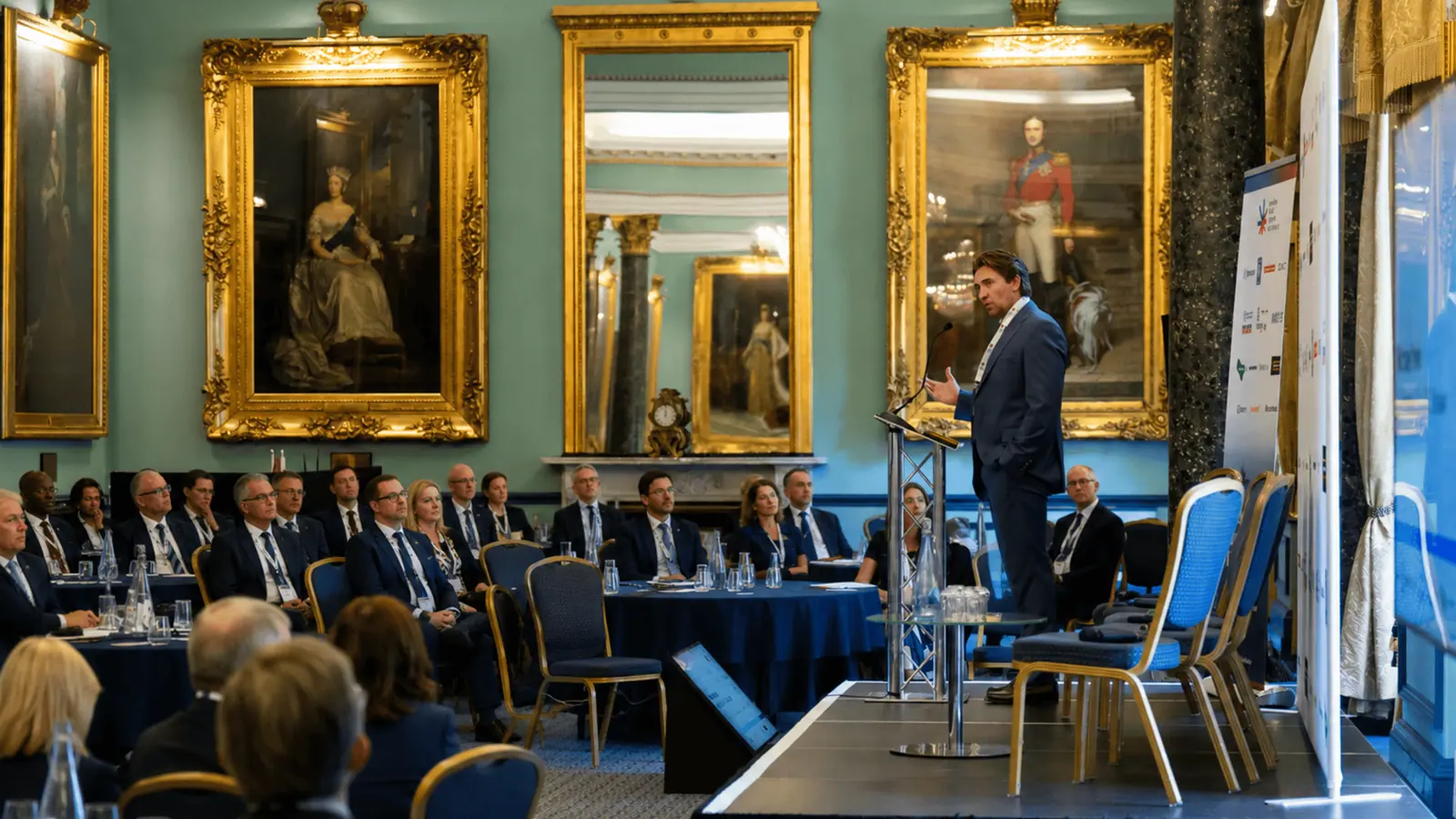Michael Irwin speaking at the Australian British Defence Catalyst, beneath portraits in a London gallery.