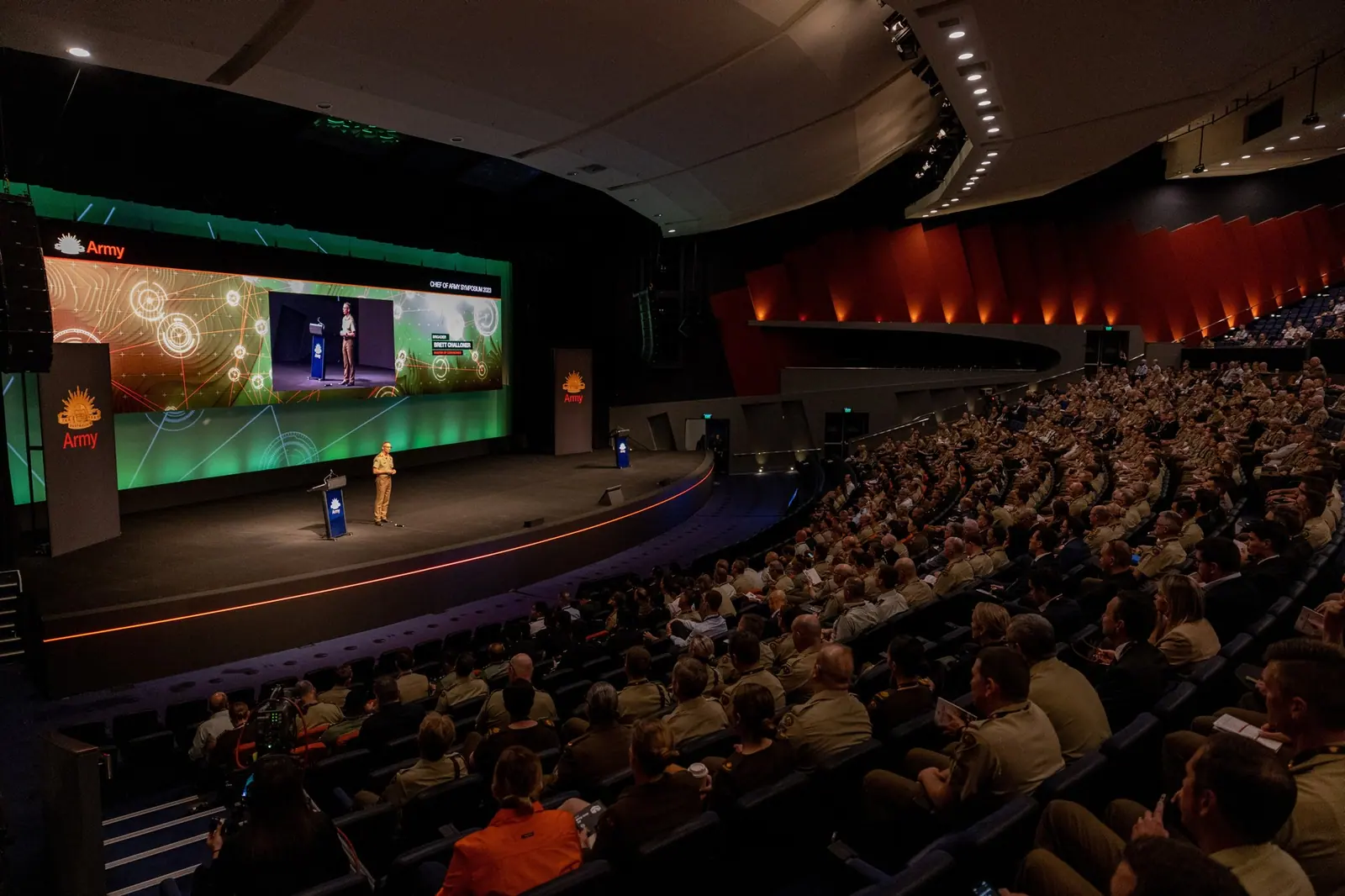 A full Riverside Theatre at the Perth Convention and Exhibition Centre during the Chief of Army Symposium, Land Forces 2026.